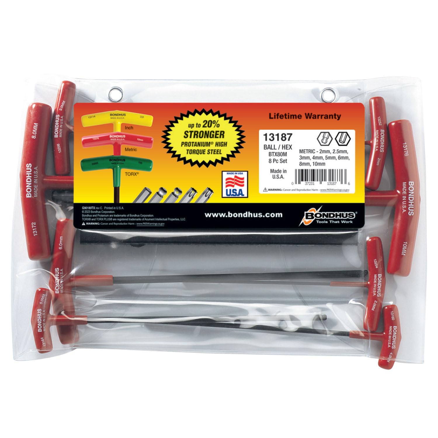 BONDHUS, BTX80MM T-Handle BALLDRIVER HEX Set 2MM-10MM, 13187