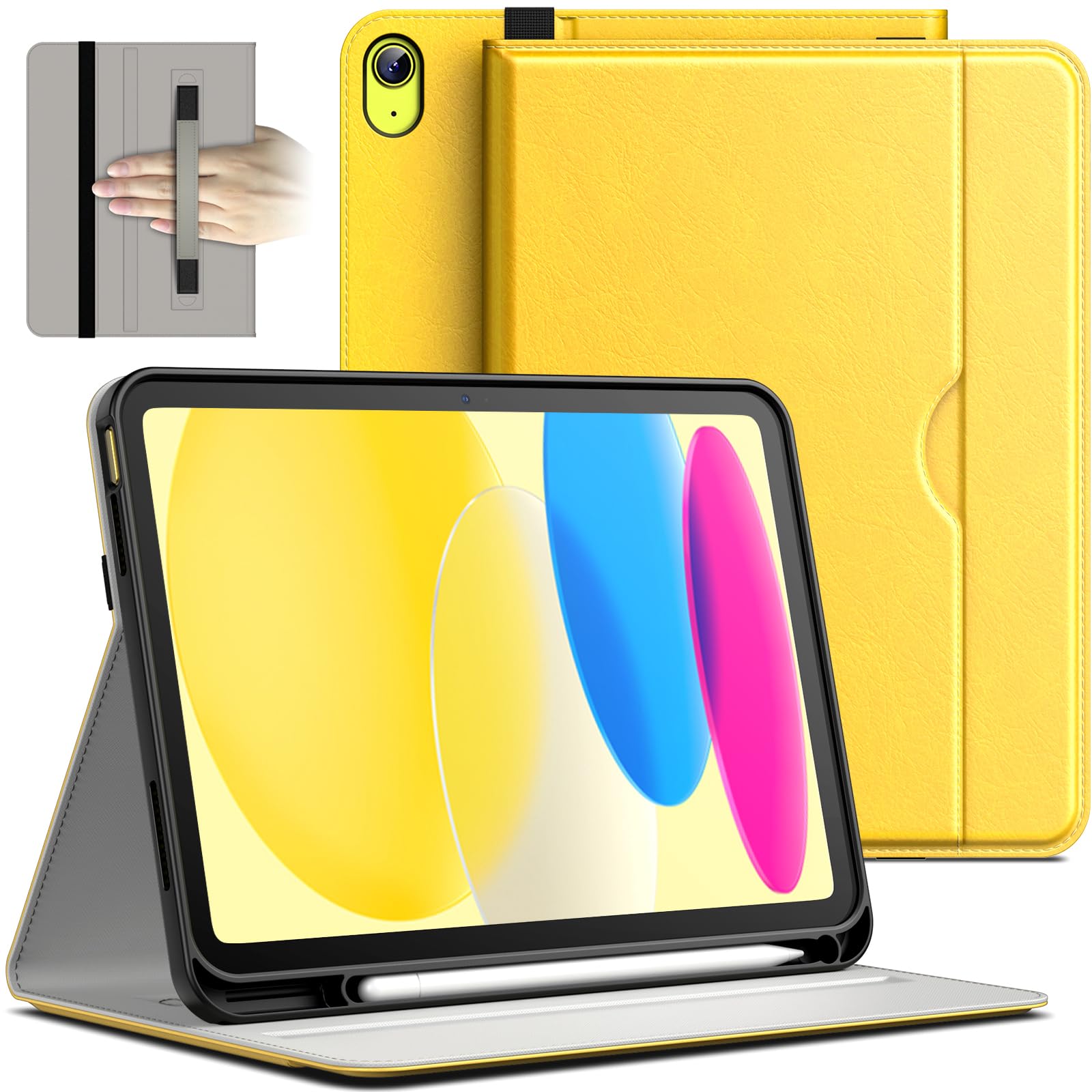 JETech Case for iPad (A16) 11th/10th Generation (2025/2022), PU Leather Business Folio Protective Tablet Cover with Pencil Holder & Pocket, Multi-Angle Viewing (Yellow)