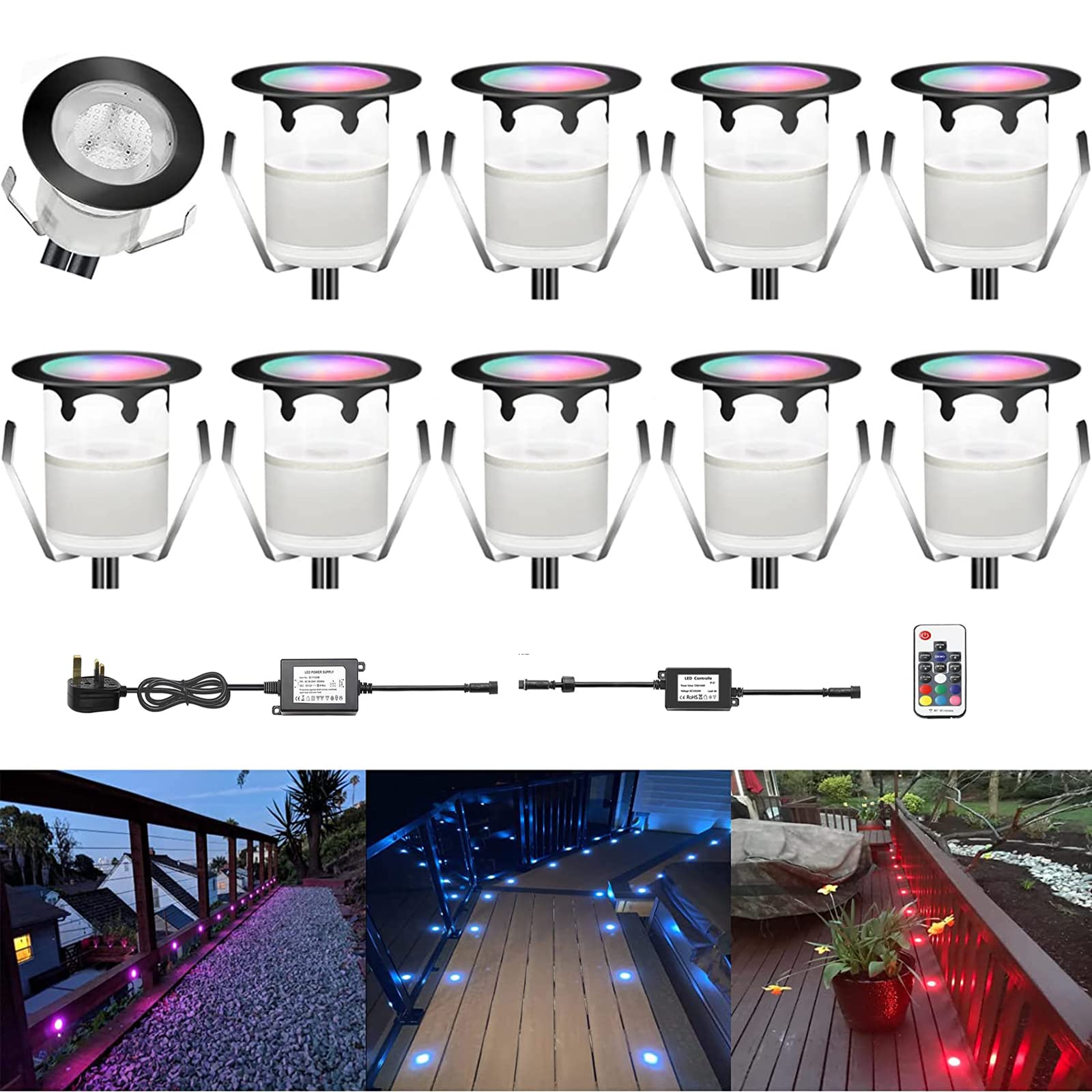 CISALN RGB LED Decking Lights,Outdoor Waterproof Plinth Deck Lights,High Brightness Buried Garden Light for Decking Lighting, Kitchen Plinths, Bathroom Lights, Saunas Pack of 10 (RGB)