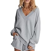 Ovanviso Womens Fleece Lined V Neck Sweatshirts Oversized Pullover Trendy Fashion Sweater Loose Fit Tops