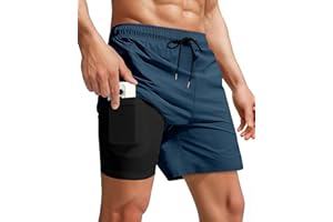 Yufawow Men Swim Trunks with Compression 7 Inches Breathabe Liner Quick Dry Zipper Pockets for Board Beach Gym Running