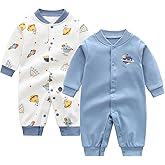 Egaivtya Newborn Baby Boys 2 Pack Cotton Romper Outfits Infant Long Sleeve One-Piece Toddler Button Jumpsuits
