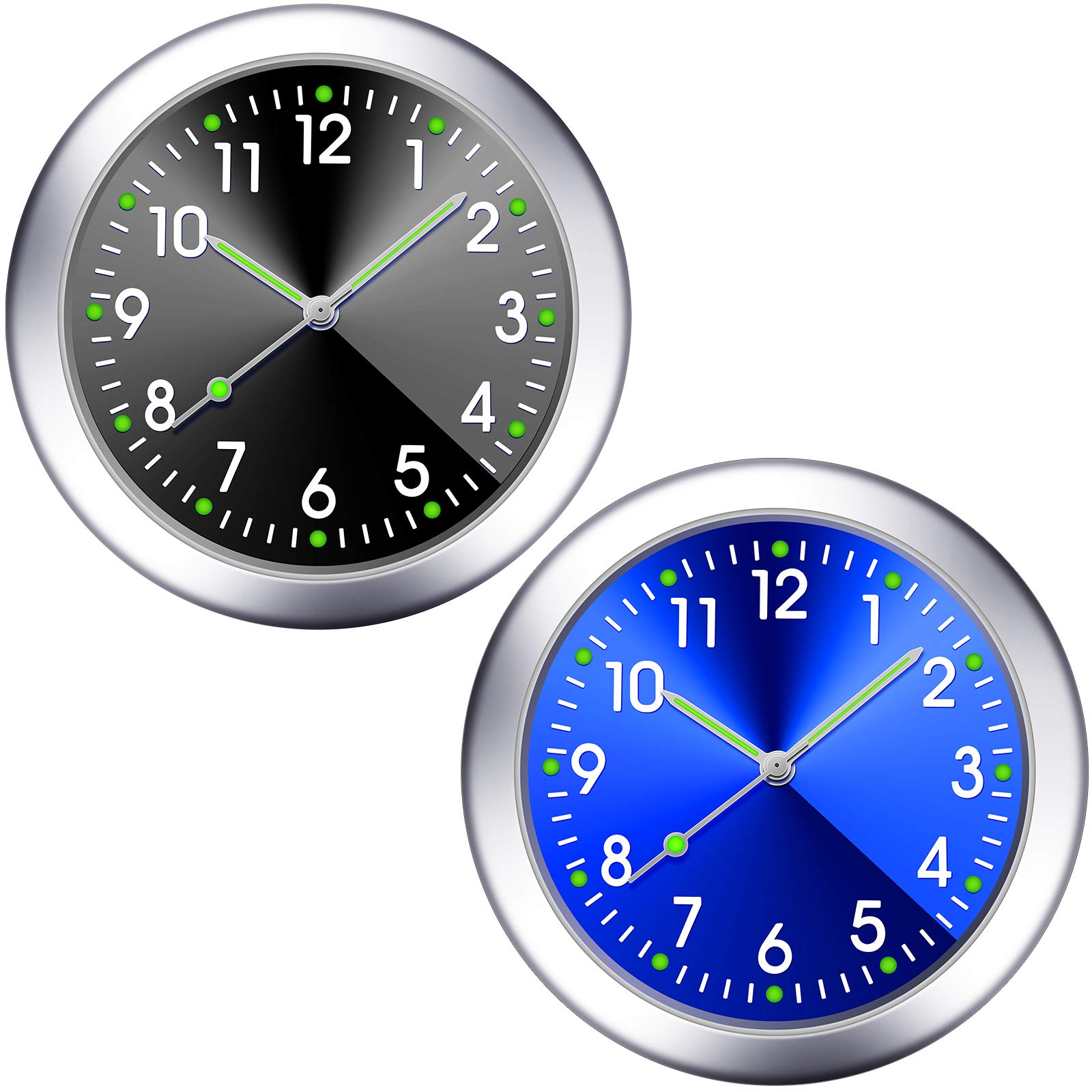 Photo 1 of 2 Pieces Stick on Dashboard Car Clock Mini Tiny Small Luminous Car Vent Clocks Watch for Dashboard Boat Bike Home (Black, Blue)