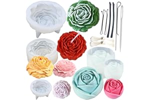 NIMOZEKD 13PCS Large Medium Small Peony Silicone Mold with Large-Eye Wicking Needle Candlewick Large&Small Rose Flower Candles Molds Resin Candle Soap Silicone Molds for Scented Candle DIY Resin Clay Craft