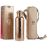 Pure Copper Water Bottle 34 Ounce with Jute Carry Bag – Hammered Leakproof Ayurvedic Copper Vessel for Drinking Water - Reusable Bottle for Home, Office, Gym, Travel & Gifting