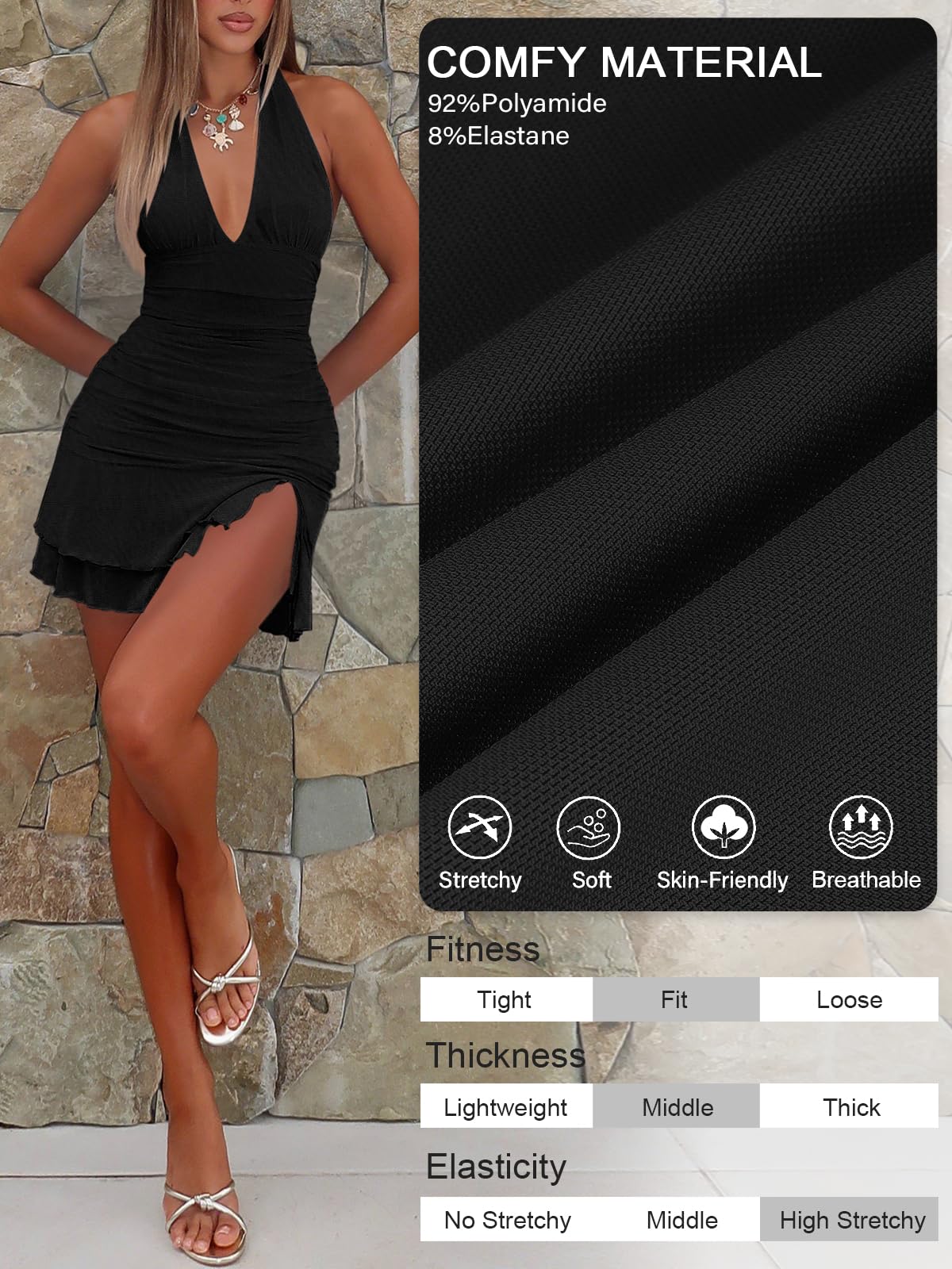 MIYIEONZ Women Sexy Halter Deep V Neck Ruched Bodycon Dress Summer Side Slit Mesh Hem Cocktail Club Party Short Mini Dresses