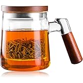 GlazzKraft Tea Mug with Glass Tea Infuser for Loose Leaf Tea, Heat Resistant Wooden Handle Glass Tea Cup with Infuser and Lid 18.6oz/550ml, Home Office Use Gift for Family