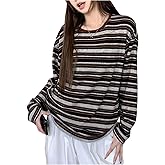 RoseSeek Women's Trendy Striped Long Sleeve T Shirts Casual Color Block Crew Neck Drop Shoulder Streetwear 2025 Fall Tops