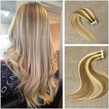 Amazon Com Tape In Extensions Human Hair Ash Brown Highlighted