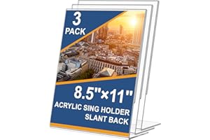 3 Pack Acrylic Sign Holder 8.5 x 11, Slant Back Acrylic Stands for Displaying, L-Shape Clear Plastic Sign Stand Frames, Unbre