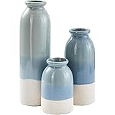OTARTU Blue Ceramic Vase 3 Sets,Farmhouse Vase for Country Home Decoration, Tabletop Decor, Bookcase, Fireplace and Entrance Decoration.