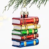 Stack of Books Glass Christmas Ornament, 3.1'' Holiday Hand-Painted Decoration for Teachers, Students, Book Lovers, Library, Classroom Xmas Tree Decor