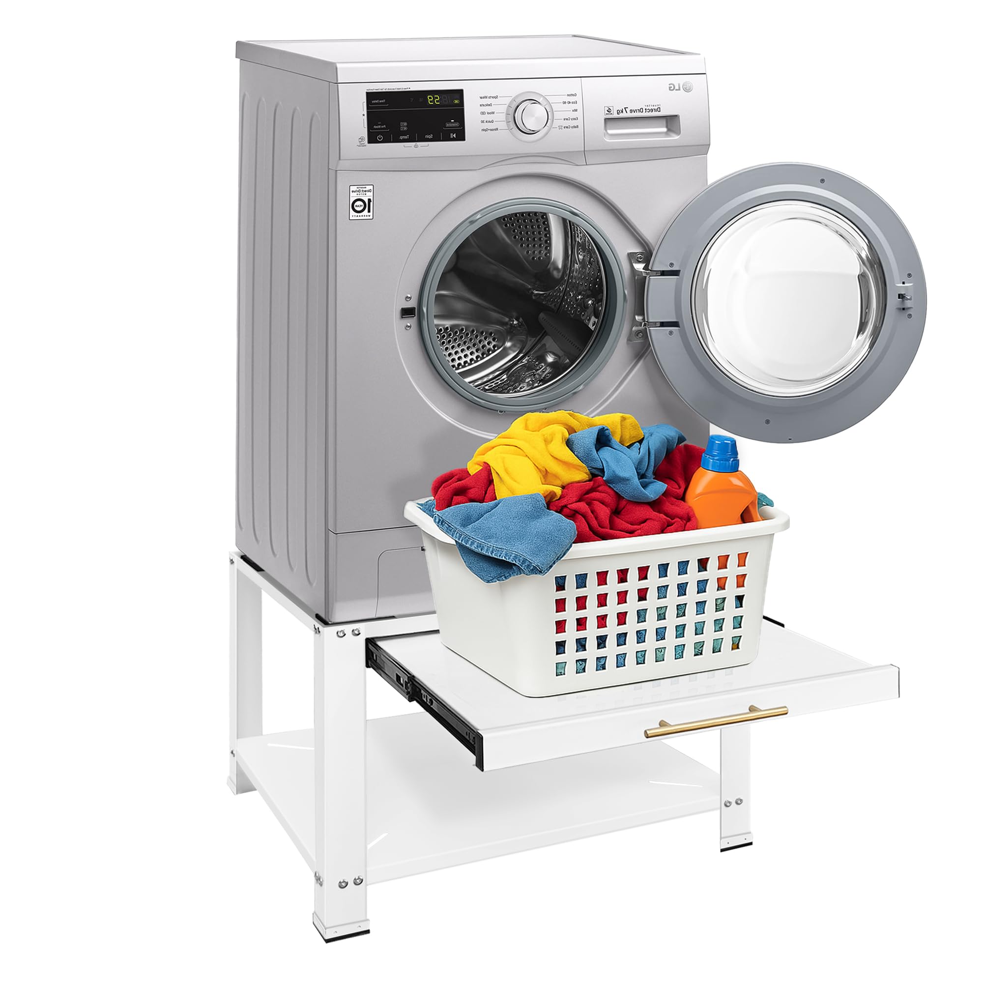 Photo 1 of Royxen Washer and Dryer Pedestals with Drawer, 29" W x 29" D x 19.5" H Metal Heavy Duty Laundry Pedestal, Universal Washing Machine Stand for Basket Shelf, 800lbs Capacity, White