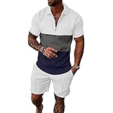 UOUA Mens Summer Track Suits 2 Piece Shorts Sets Short Sleeve Sweatsuit Outfits 1/4 Zip Golf Polo Splicing Striped Shirts