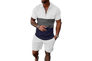 UOUA Mens Summer Track Suits 2 Piece Shorts Sets Short Sleeve Sweatsuit Outfits 1/4 Zip Golf Polo Splicing Striped Shirts