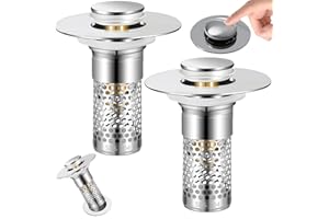 Bathroom Sink Drain Strainer 2 Pack,Bathroom Sink Stopper with Pop-Up Drain and Removable Hair Catcher, Stainless Steel Filte