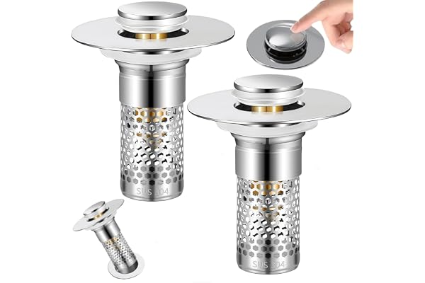 Bathroom Sink Drain Strainer 2 Pack,Bathroom Sink Stopper with Pop-Up Drain and Removable Hair Catcher, Stainless Steel Filte