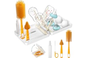 WAYIN Portable Baby Bottle Brush Set - 6-in-1 Bottle Cleaning Kit with Nipple, Straw, & Bottle Brush, Soap Dispenser, Foldable Drying Rack, and Organizer Case for Home & Baby Travel Essential (White)