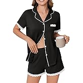 Ekouaer Womens Short Sleeve Pajamas Set Soft Sleepwear Button Down Lounge Set Lace Top and Shorts Pj Nightwear
