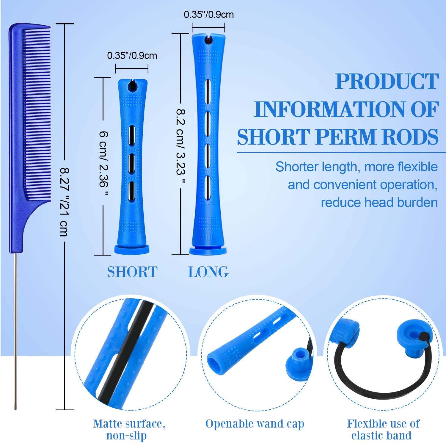 48 Pieces Hair Perm Rods Short Cold Wave Rods Plastic Perming Rods Hair Curling Rollers Curlers with Steel Pintail Comb Rat Tail Comb for Hairdressing Styling Supplies (0.35 Inch - Image 3