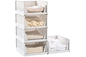 Uni HIMO 5 Pack Stackable Plastic Storage Basket-Foldable Closet Organizers Drawer Shelf Container for Bathroom Kitchen Laundry Room Wardrobe Storage, Space-Saving Clothes Storage (White, 5 Pack L)