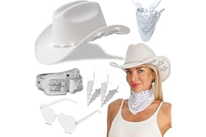 THDZS Cowboy Hat for Women Men with Sparkly Stars Brim & Rhinestone Belt and Heart Sunglasses Bandana Cowboy Hat Earrings