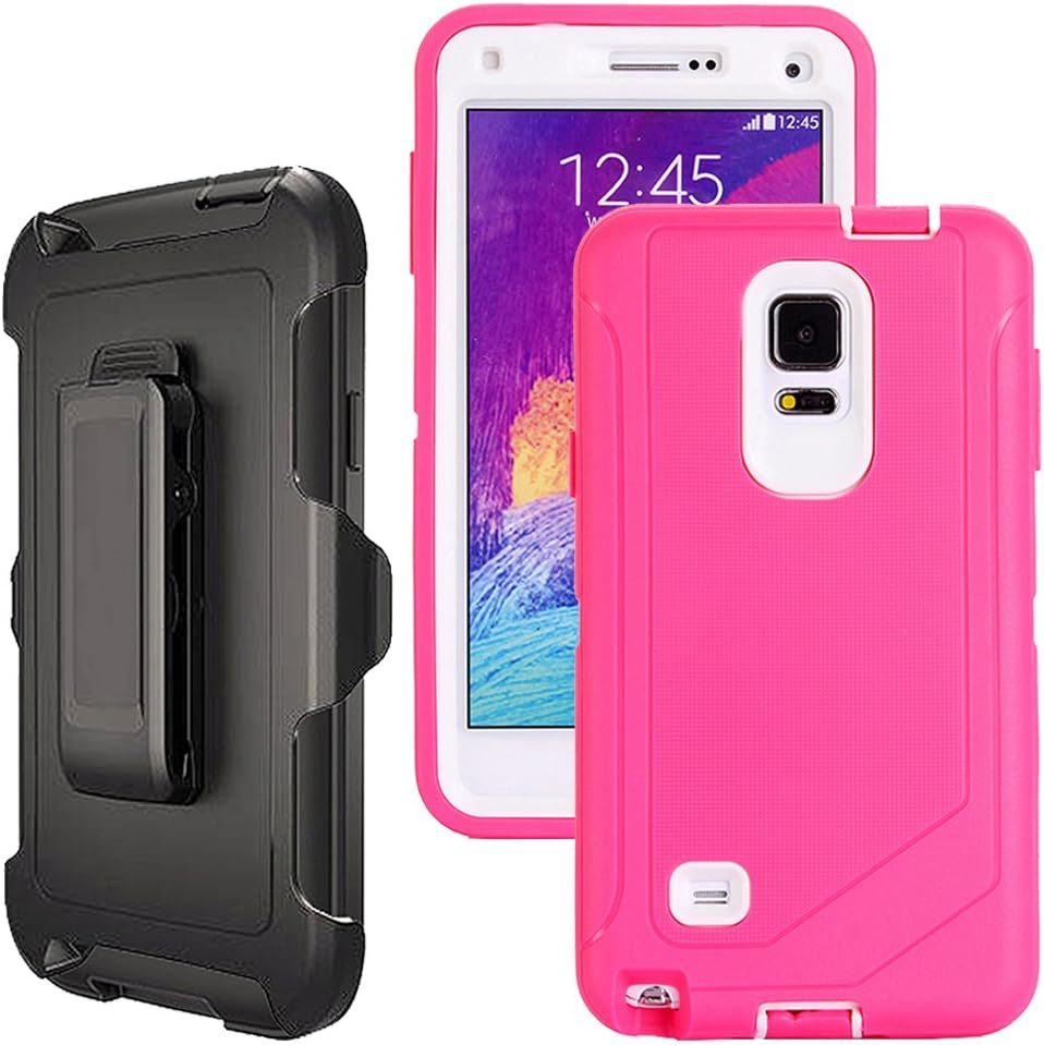 Galaxy Note 4 Case Heavy Duty,Harsel Defender Bumper Shockproof Dustproof Dropproof 3 Layer Rugged Protective Shell Case w/ Built-in Screen Protector & Belt-clip for Samsung Galaxy Note 4 (Rose White)