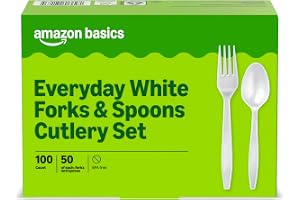 Amazon Basics Disposable Everyday White Forks & Spoons, 100 Count