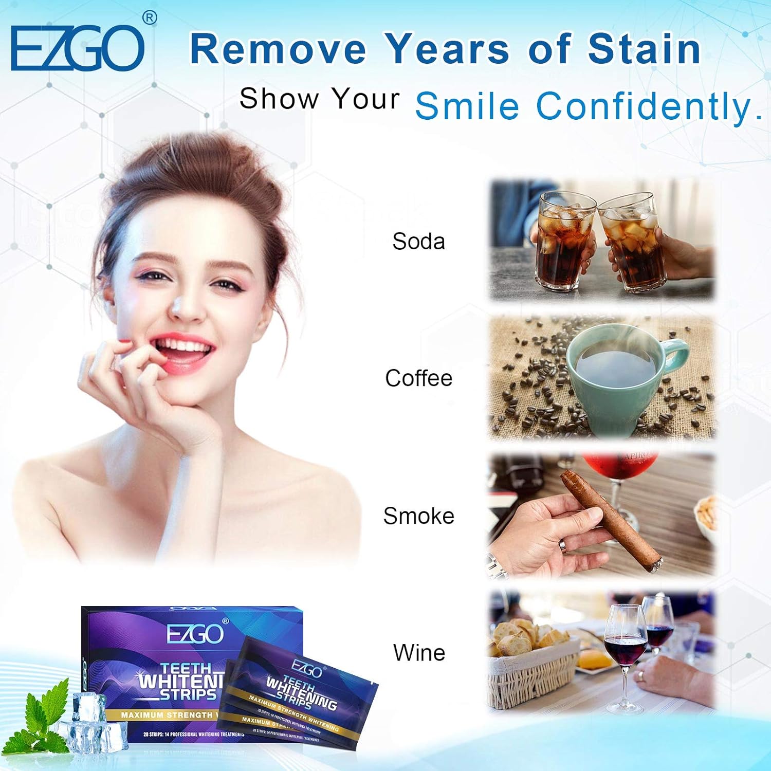 EZGO Teeth Whitening Strips, 28 Non-Sensitive White Strips Teeth Whitening Kit, 14 Sets Fast-Result Teeth Whitener for Tooth Whitening , Helps to Remove Smoking, Coffee, Wine Stains, Gentle and Safe: Health & Personal Care