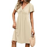 Bluetime Womens Casual Summer Twist Front V Neck Ruffle Sleeve Flowy A Line Sundress Mini Dress with Pockets