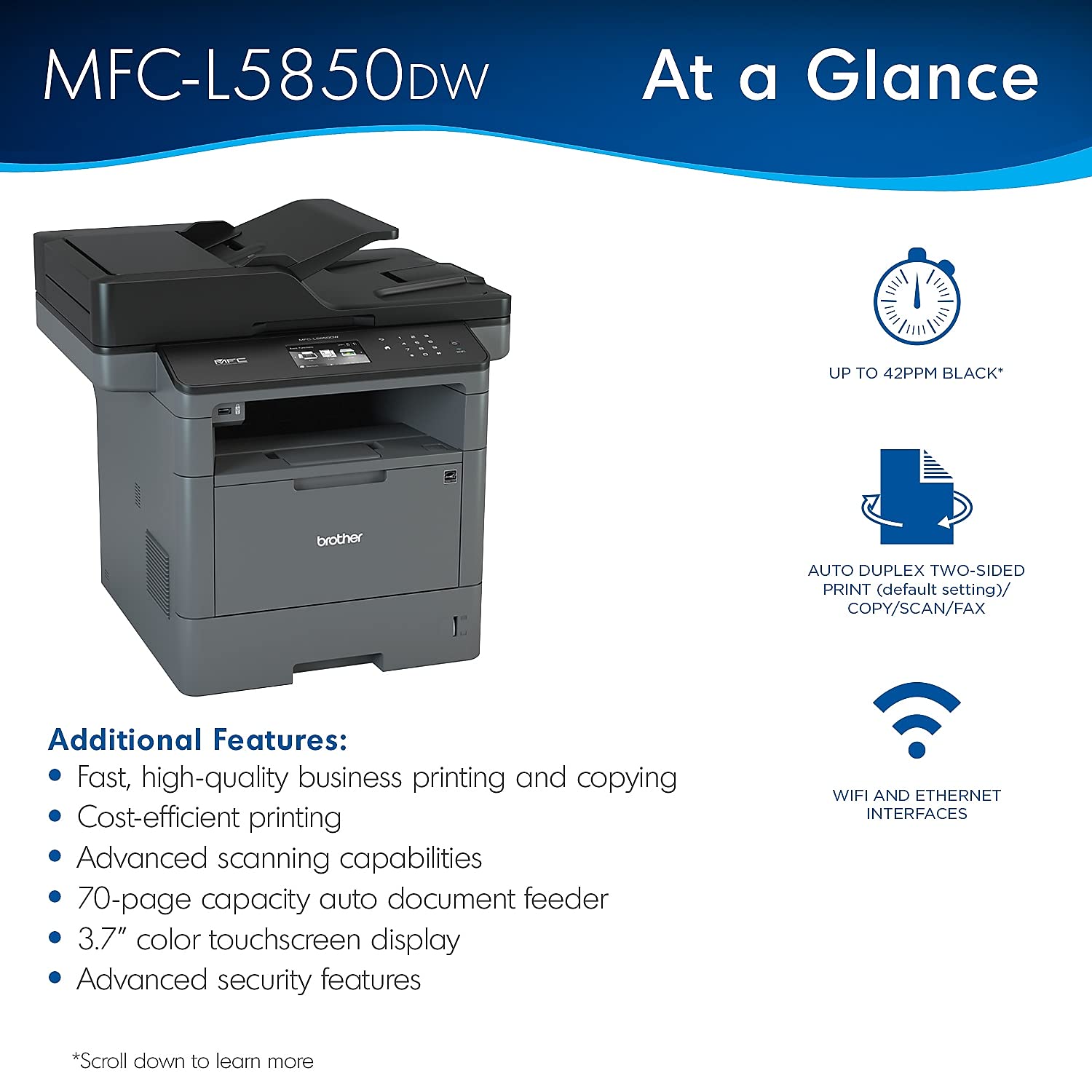 Brother MFC MFC-L5850DW Laser Multifunction Printer-Monochrome-Copier/Fax/Scanner-42 ppm Mono Print-1200x1200 dpi Print-Automatic Duplex Print-50000 Pages-300 Sheets Input-1200 dpi Optical