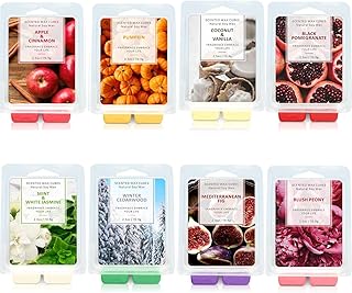 Facio Duftwachs Wax Melts, 8 Pack Soja-Wachswürfel mit stark duftenden ätherischen Ölen für Wachswärmer-Würfel / Torten - Jasmin, Rose, Bergamotte, Feige, Vanille, Zitrone, Frühling, Lavendel
