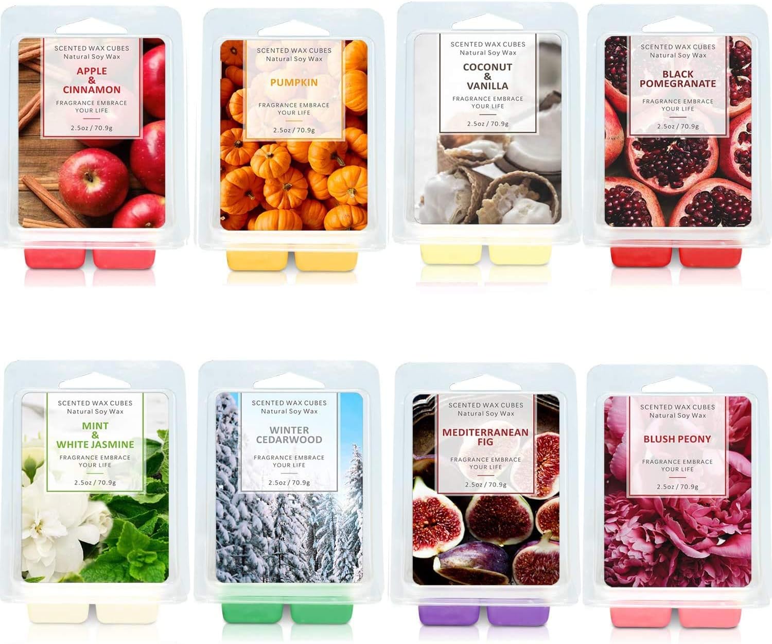 Facio Duftwachs Wax Melts, 8 Pack Soja-Wachswürfel mit stark duftenden ätherischen Ölen für Wachswärmer-Würfel / Torten - Jasmin, Rose, Bergamotte, Feige, Vanille, Zitrone, Frühling, Lavendel