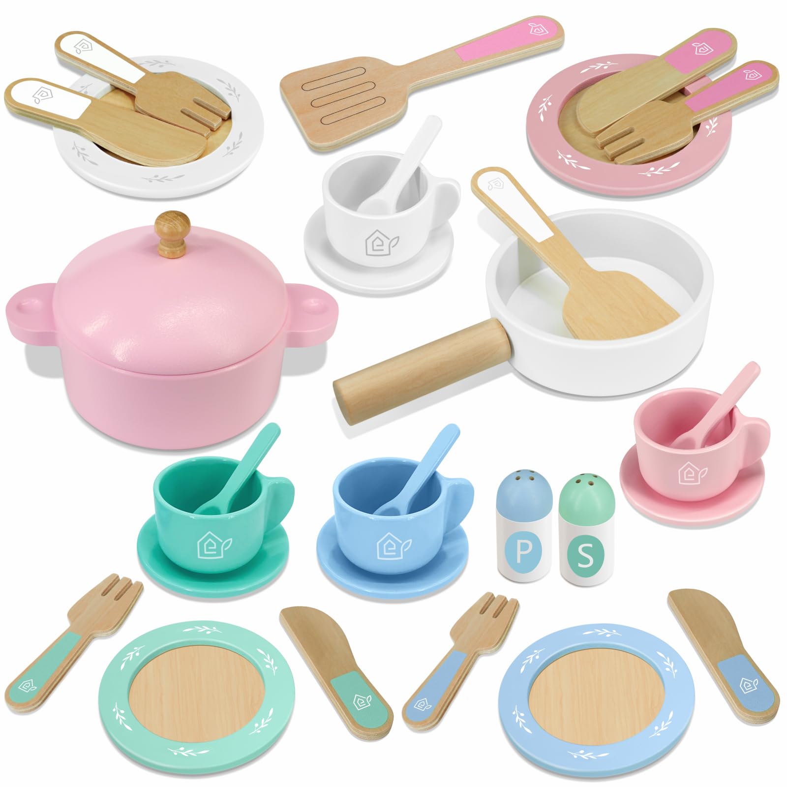 SimpliPlay Wooden Toy Plates and Dishes for Kitchen Set, 30PCS Montessori Play Kitchen Accessories for Toddlers with Toy Pots and Pans, Wooden Play Cooking Set for 3-8 Years Girls & Boys