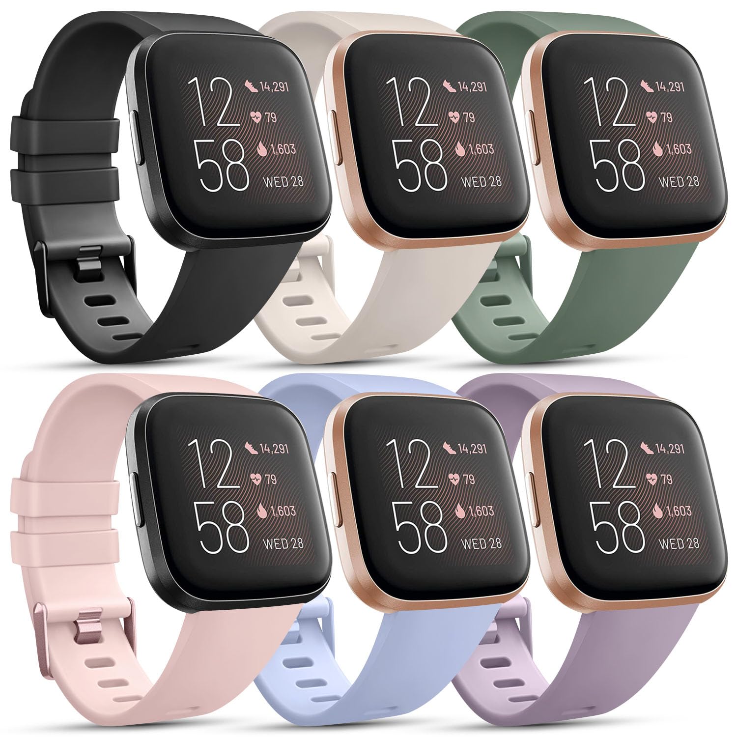 Wanme Pack 6 Strap for Fitbit Versa 2 Straps /Fitbit Strap/Fitbit Lite Men,Silicone Sport Classic Replacement Lite/Fitbit 2/Versa(L,Pack C), Starlight/Black/Pink/Cactus/Nude Blue/Violet — image 1