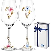 BTaT- Fancy Wine Glasses Set of 2, 17 oz, Blue & Red, Flower Design with Gift Box, Floral Wine Glasses Fancy, Dishwasher Safe