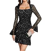 Meetjen Women's Sparkly Ruched Bodycon Mini Dress Sexy Sheer Mesh Bell Long Sleeve Square Neck Short Club Party Dresses