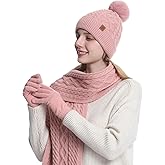 2THESTARS Womens Winter Beanie Hat Gloves Scarf Set Warm Fleece Knit Hat Long Scarf Gloves Touch Screen 3 in 1 Warm Gift Set
