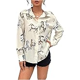 Floerns Women's Vintage Graphic Button Down Blouse Long Sleeve Lapel Collar Dressy Shirts