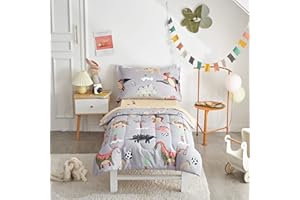 UOZZI BEDDING 4 Piece Gray Dinosaurs Toddler Bedding Set with Colorful Dinos Boys Bed Comforter Sheet Set