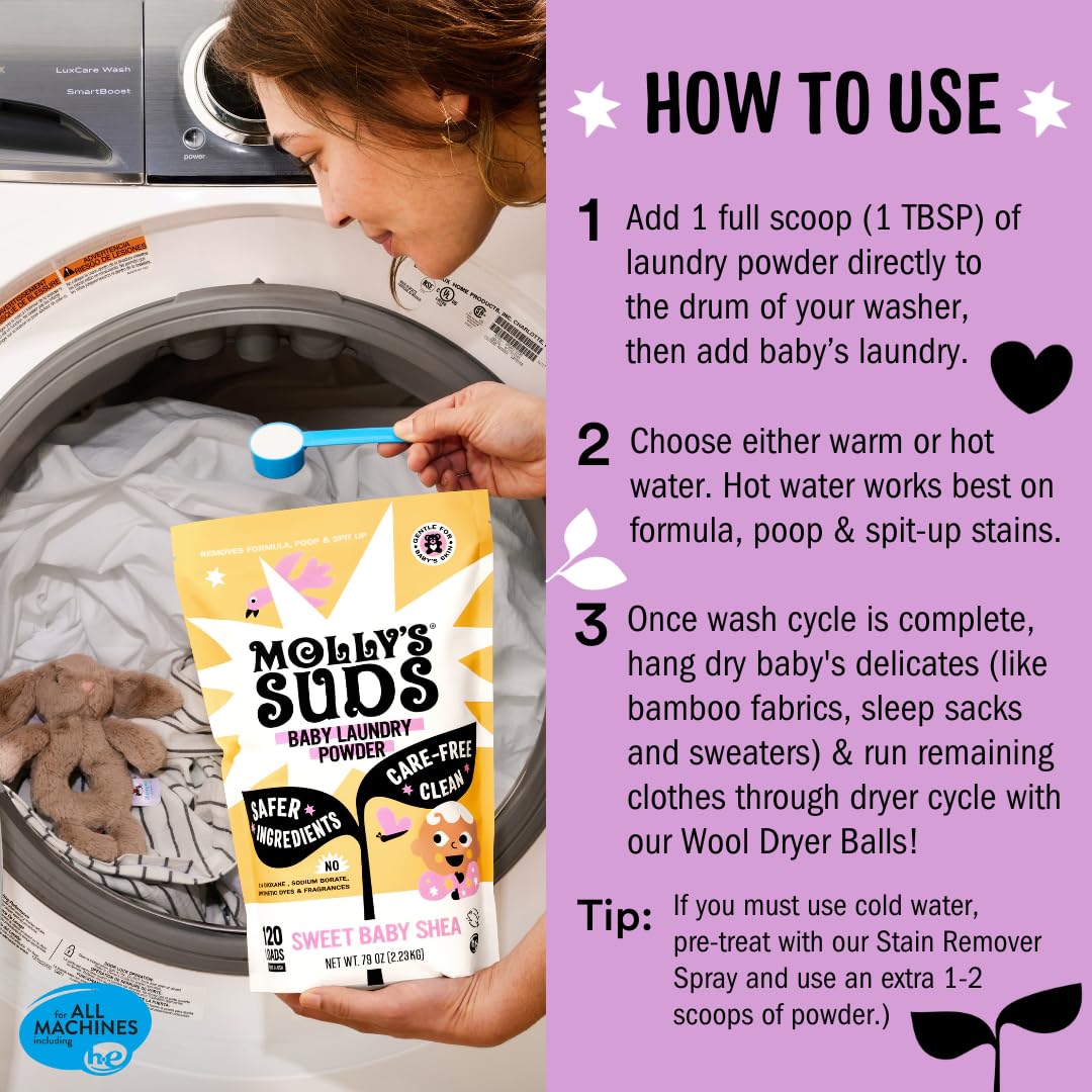 Molly's Suds Baby Laundry Detergent Powder | Removes Formula, Poop & Spit-Up Stains | Extra Gentle for Newborns (Sweet Baby Shea)