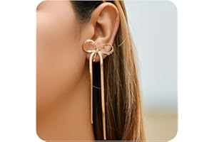 LOFITOR 14K Gold Plated Clip On Earrings for Women Non Piercing Bow Earrings Ribbon Dangle Drop Tassel Chain Statement Clip Earrings Lightweight Fake Bowknot Earring for Non Pierced Ears