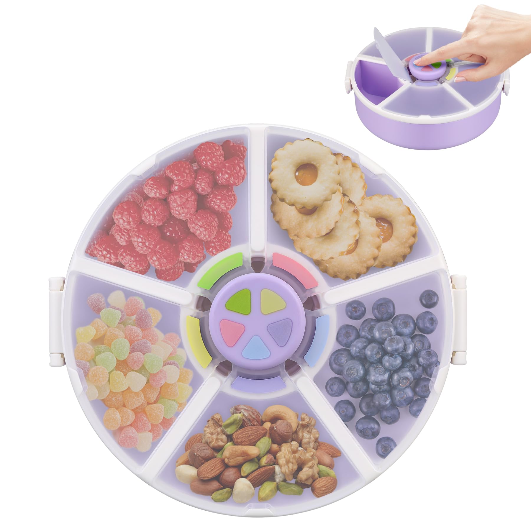 Photo 1 of Pawtong Snack Rotator Container Reusable Snack Box with 5 Compartment Dispenser and Lid, Color Matching Opening Lid, BPA and PVC Free, for Home, School, Travel (1 Pack- Purple)