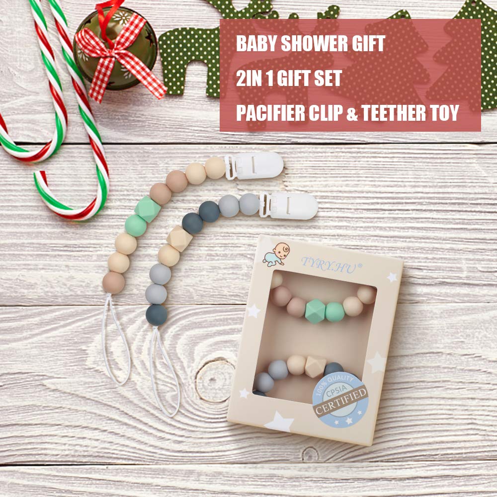 Pacifier Clip Baby Boys Silicone Paci Clip Teething Relief Teether Toy Soothie Binky Holder Chewbeads Birthday Christmas Shower Gift Set of 2 (Beige, Grey) : Baby