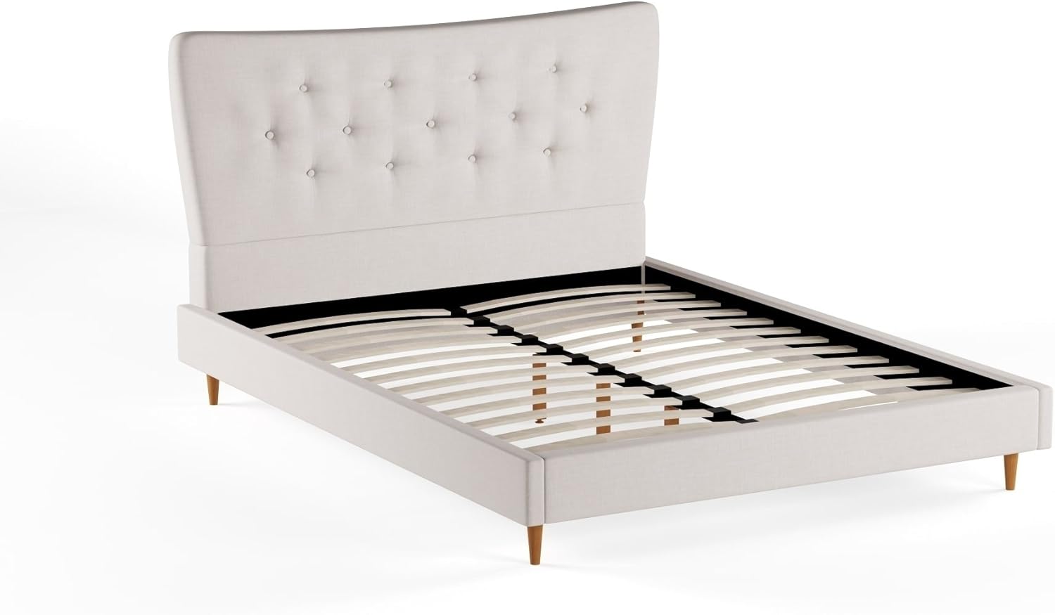 Upholstered Bedroom Platform Bed, Solid Rubberwood and