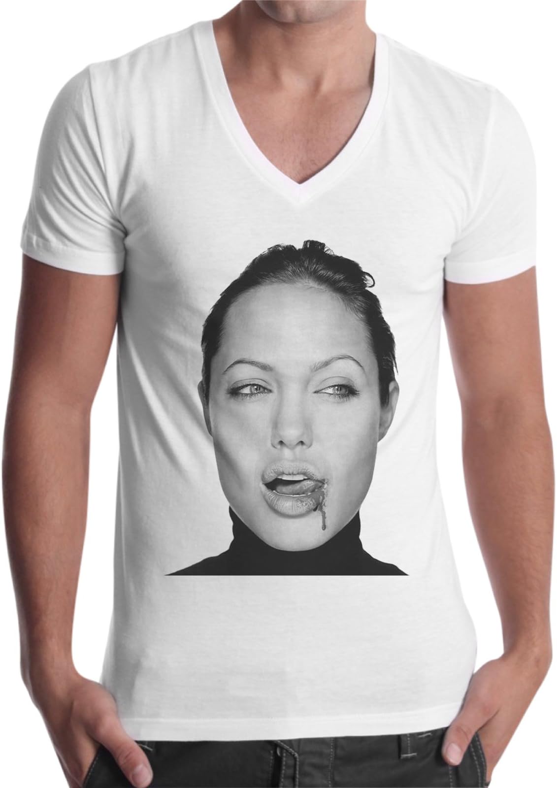Men's T-Shirt Scollo V Angelina Jolie Blood Blood Lips – White