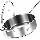 LOLYKITCH 7 QT Tri-Ply Stainless Steel Sauté Pan with Lid,12 Inch Deep Frying pan,Large Skillet,Jumbo Cooker,Induction Cooking Pan,Oven Safe and Detachable Handle.