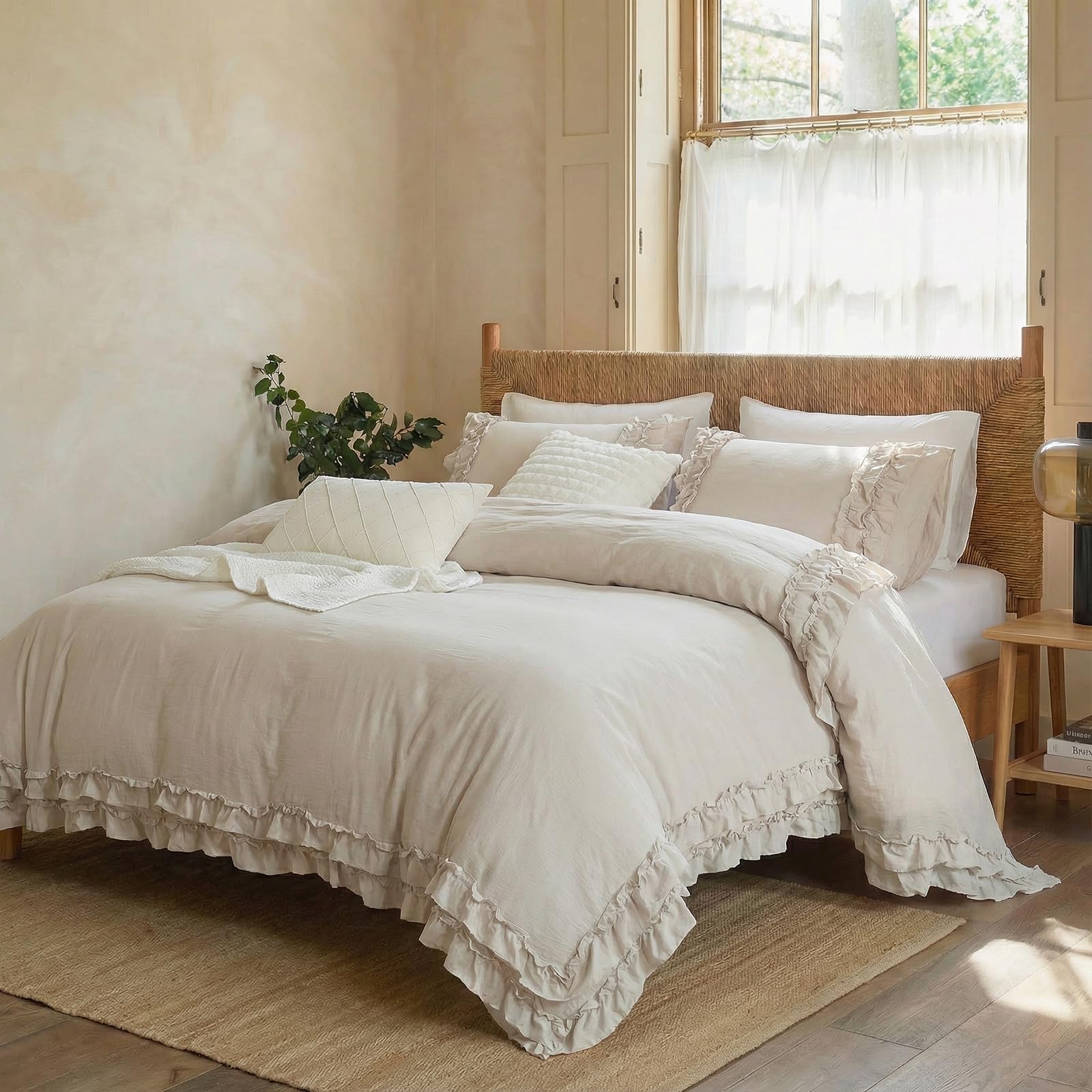 Herside Beige Grey Duvet Cover Set King Ruffle Bedding Chic 2-Layers Cute Ruffled Design Boho Farmhouse Bedding Sets 1 Duvet Cover 2 Pillowcases (Beige, King)