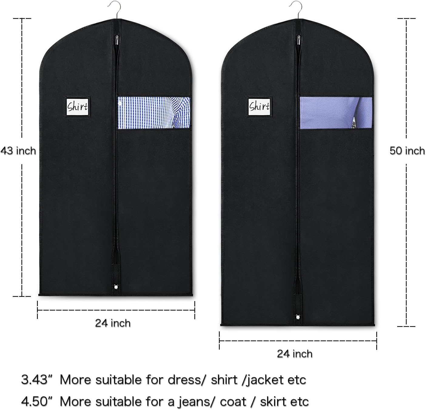 Zilink Black Garment Bags for Storage and Travel 43/50 INCH Anti-Moth Protector Suit Cover with Clear Window for Suit Jacket Shirt Coat Dresses (Pack of 5): Home & Kitchen