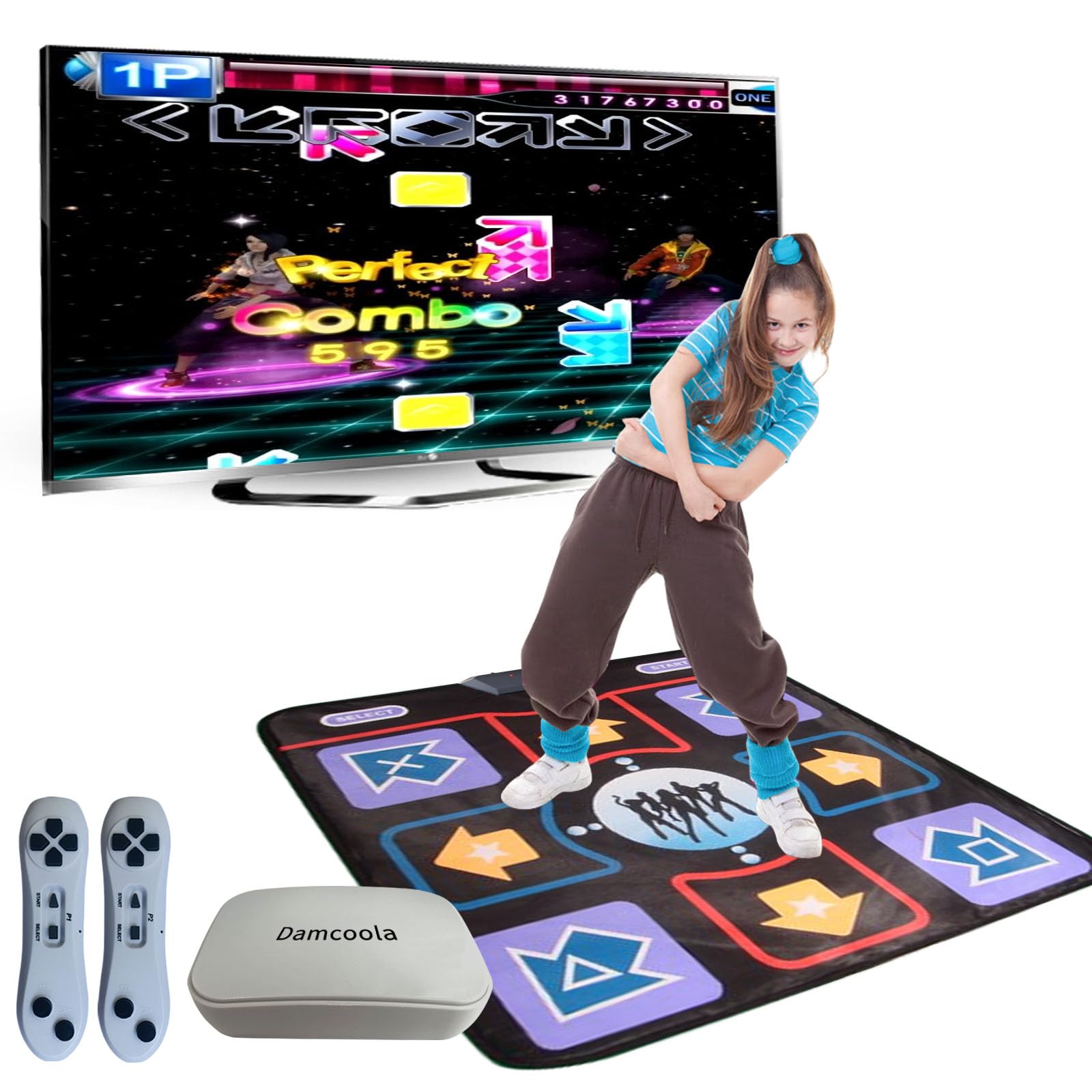 Damcoola Dance mat game console, suitable for children and adults, music electronic dance mat TV game console, dance game toy gift, suitable for boys and girls aged 3 and above, blue